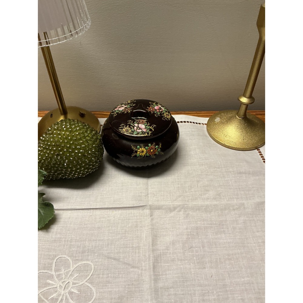 Vintage Made in Japan Brown Ceramic Floral Ginger‎ Jar Trinket Bowl with Lid